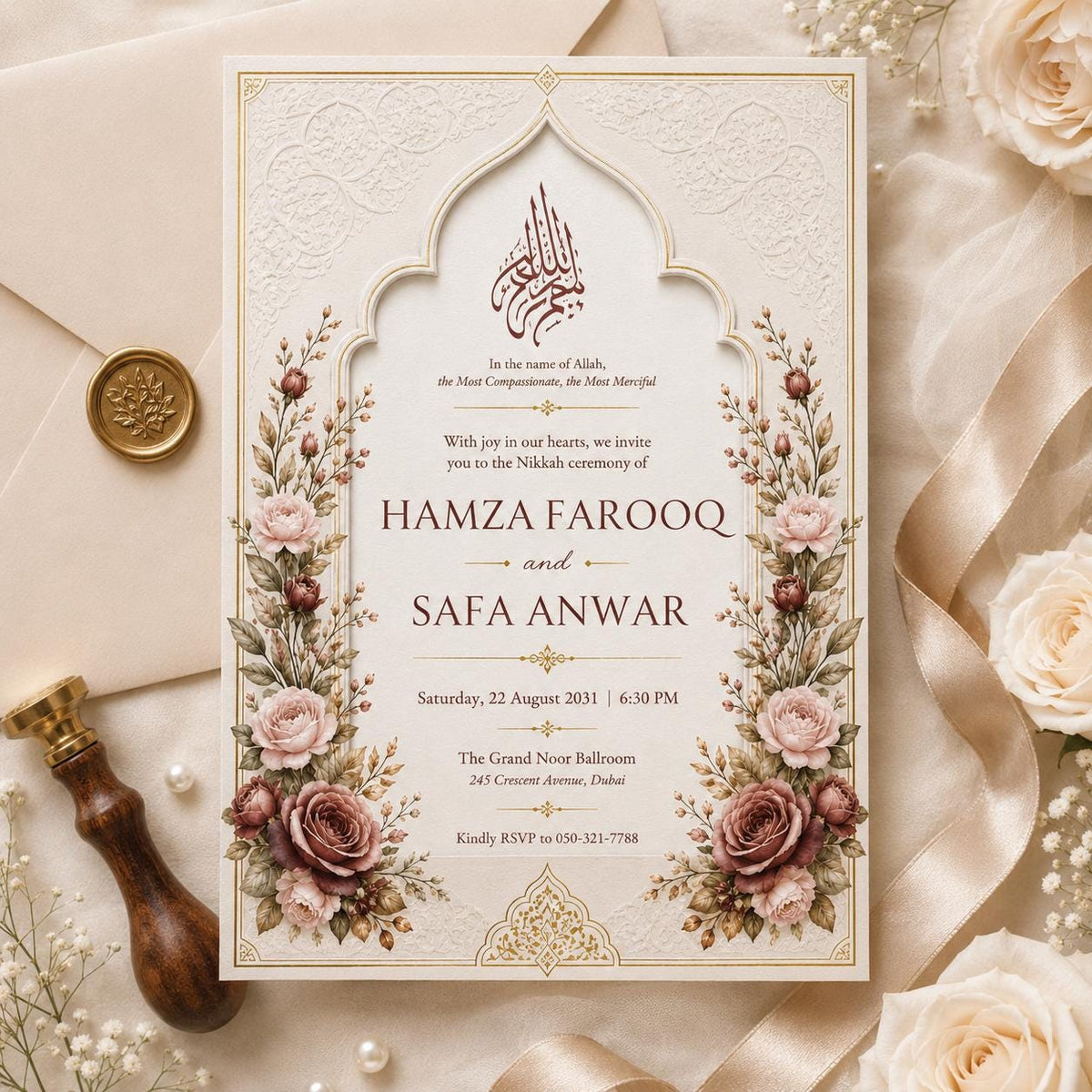 Floral Nikah Invitation with Ivory Arch and Rose Corners — print-ready nikah ceremony design from VoltBy