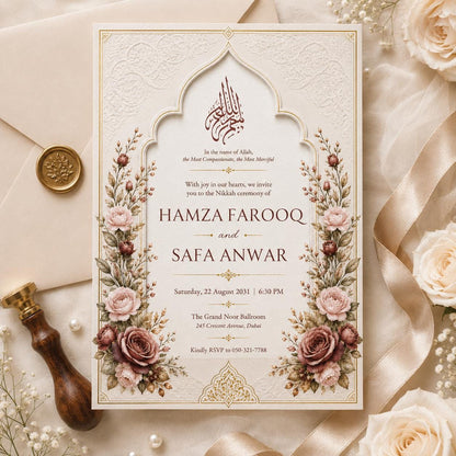 Floral Nikah Invitation with Ivory Arch and Rose Corners — print-ready nikah ceremony design from VoltBy
