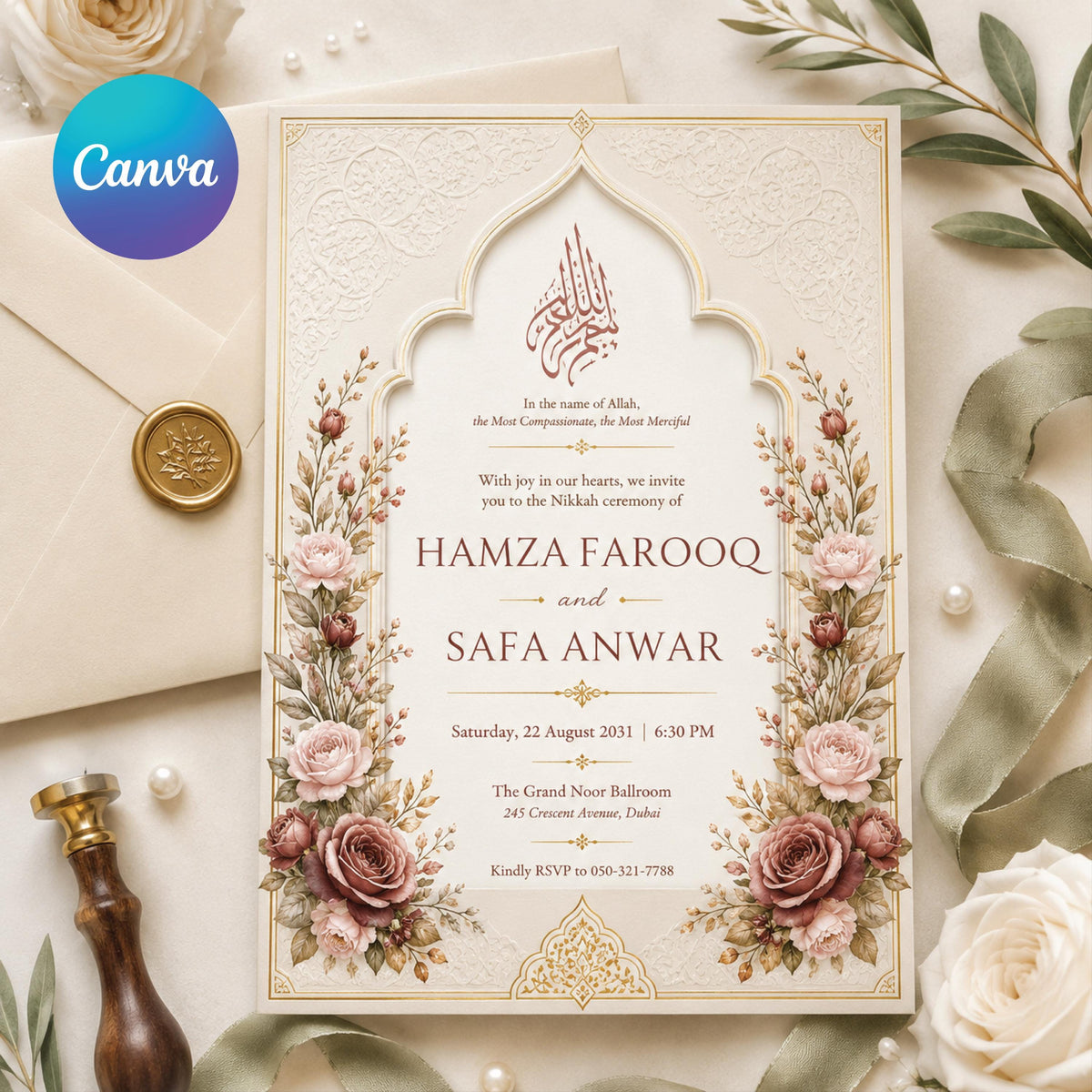 Floral Nikah Invitation with Ivory Arch and Rose Corners — editable Canva template