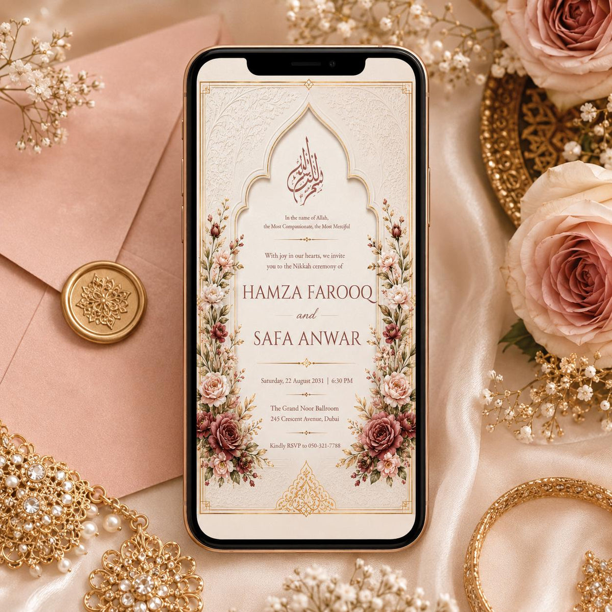 Floral Nikah Invitation with Ivory Arch and Rose Corners — print-ready nikah ceremony design from VoltBy