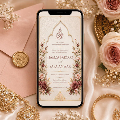 Floral Nikah Invitation with Ivory Arch and Rose Corners — print-ready nikah ceremony design from VoltBy