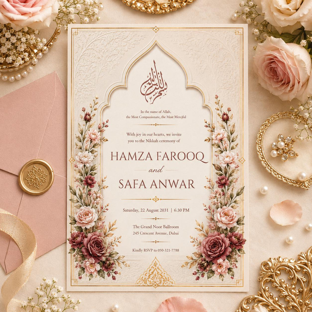Floral Nikah Invitation with Ivory Arch and Rose Corners — digital invitation, instant download