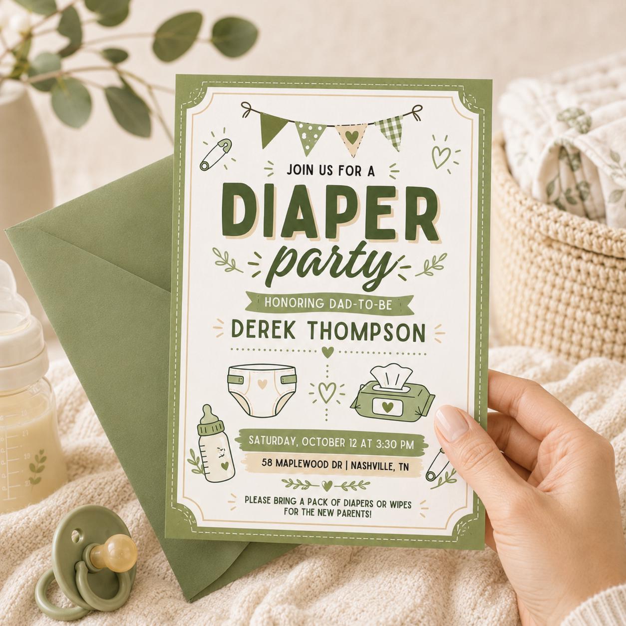 Diaper Party Invitation Template, Editable Canva Invite, Green Gingham Baby Shower, Dad-to-Be Party Printable, Diaper Party Invitation __etsy:8072361725