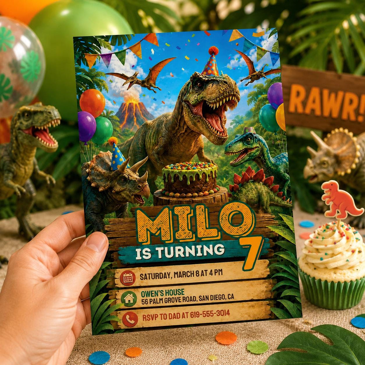Dinosaur Cake Party 7th Birthday Invitation — balloon design