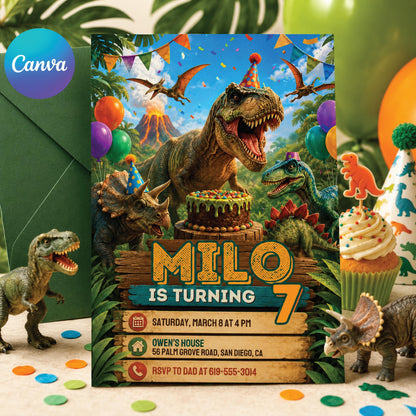 Dinosaur Cake Party 7th Birthday Invitation — editable Canva template