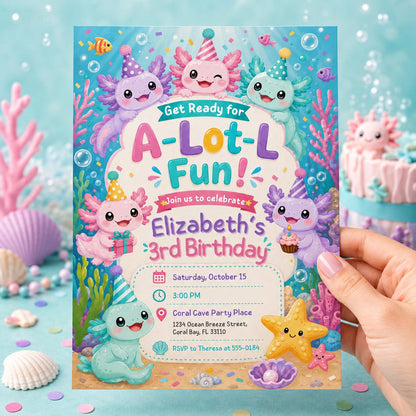 A-Lot-L Fun Axolotl 3rd Birthday Invitation — invitation you personalize in Canva