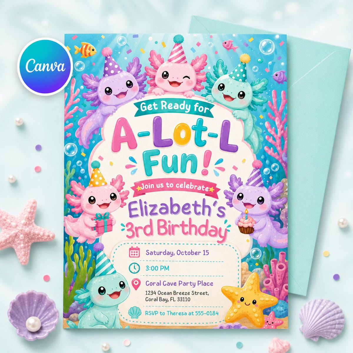 A-Lot-L Fun Axolotl 3rd Birthday Invitation — editable Canva template
