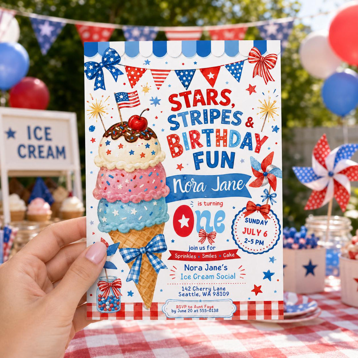 Stars Stripes Birthday Ice Cream Social,  Summer Patriotic Party Invite, Stars and Stripes Invite, 4th of July Invitation, Editable Canva