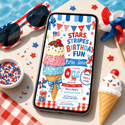 Stars Stripes Birthday Ice Cream Social,  Summer Patriotic Party Invite, Stars and Stripes Invite, 4th of July Invitation, Editable Canva