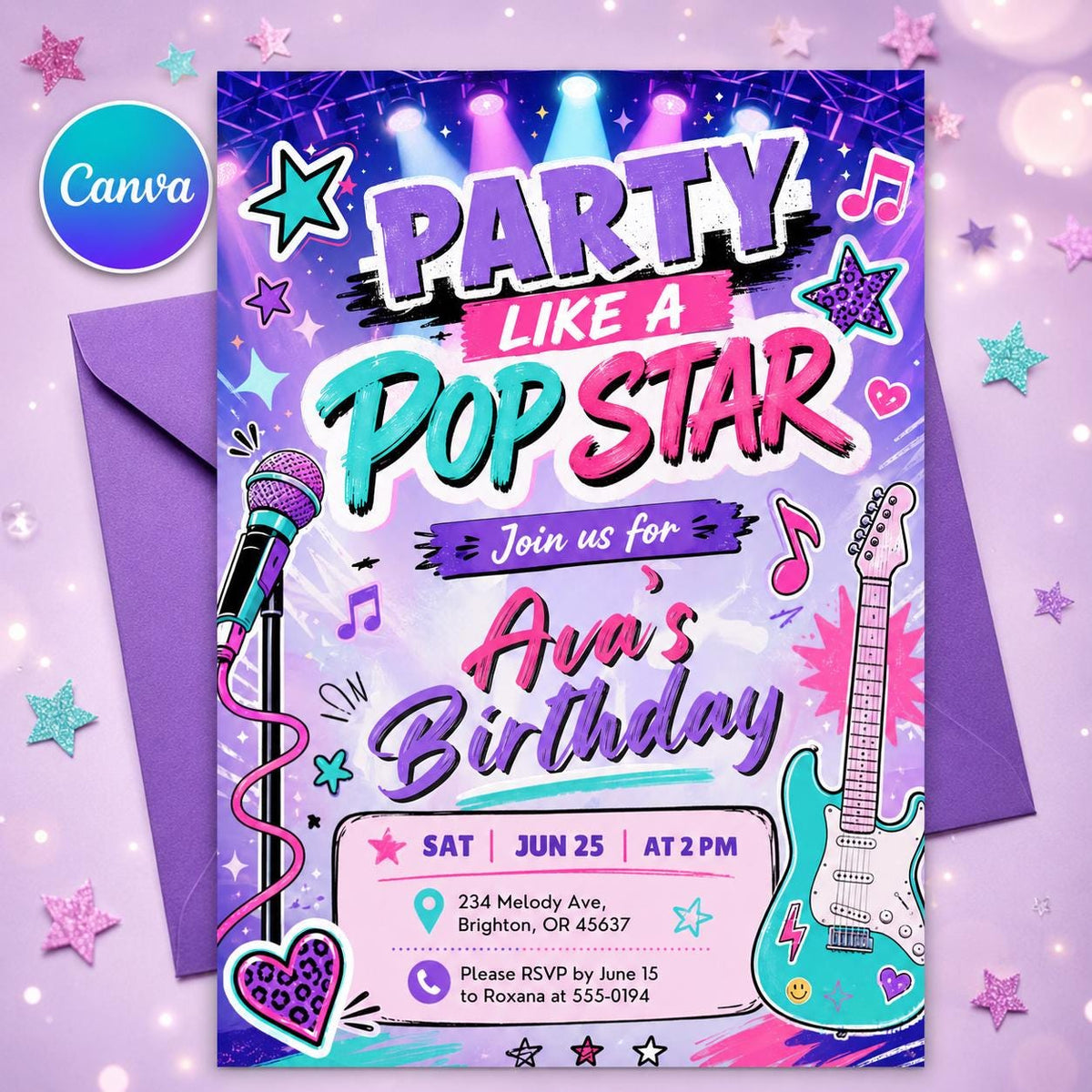 Pastel Pop Star Birthday Invitation with Guitar — editable Canva template