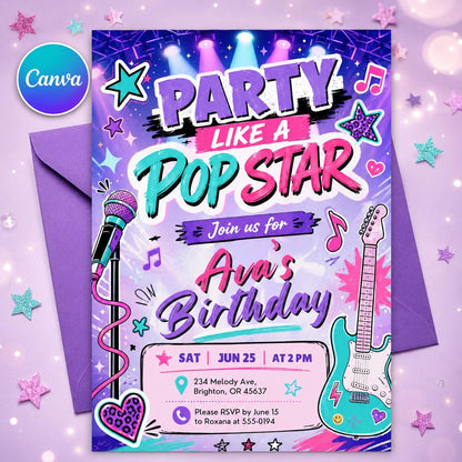 Pastel Pop Star Birthday Invitation with Guitar — editable Canva template