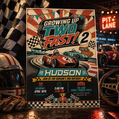 Racing Theme 2nd Birthday, Growing Up Two Fast Birthday Invitation, Race Car Toddler Party Invite, Editable Canva Template __etsy:8072499418
