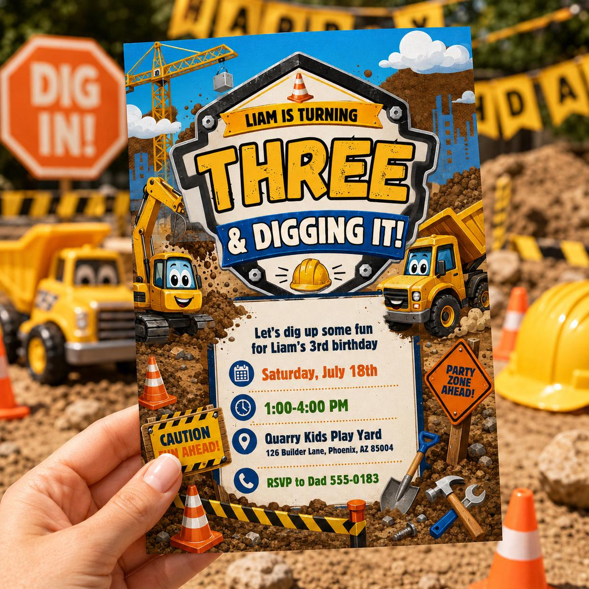 Truck Construction 1st Birthday Invitation — print-ready first birthday design from VoltBy