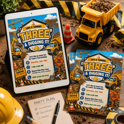 Truck Construction 1st Birthday Invitation — design view 2