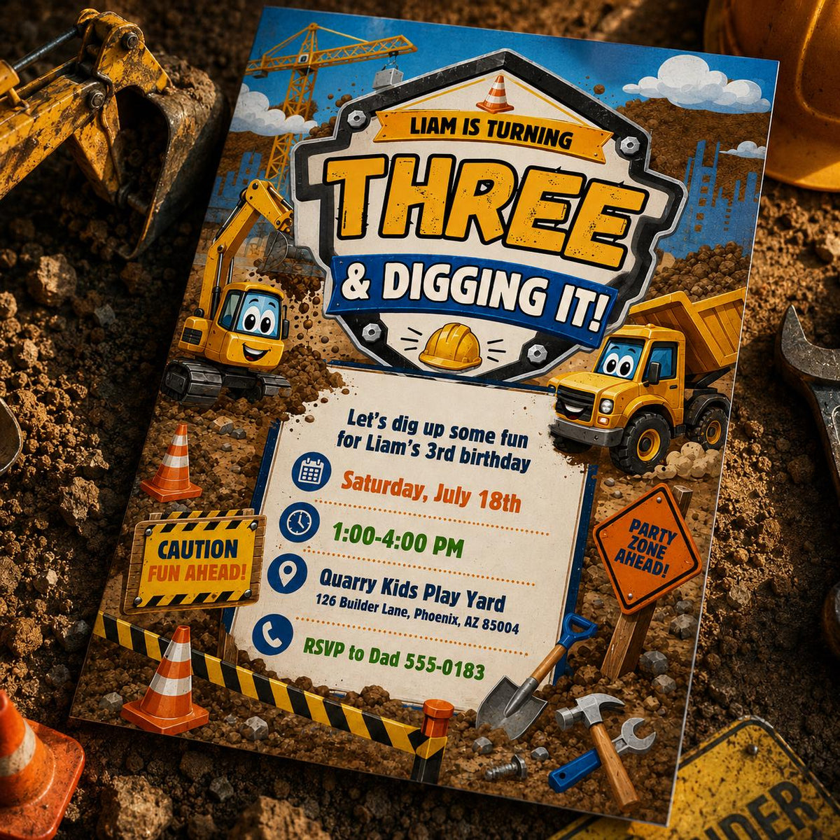 Truck Construction 1st Birthday Invitation — first birthday stationery by VoltBy