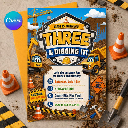 Truck Construction 1st Birthday Invitation — editable Canva template