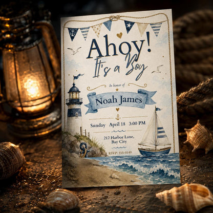 Blue Ahoy It’s a Boy Invitation — invitation you personalize in Canva