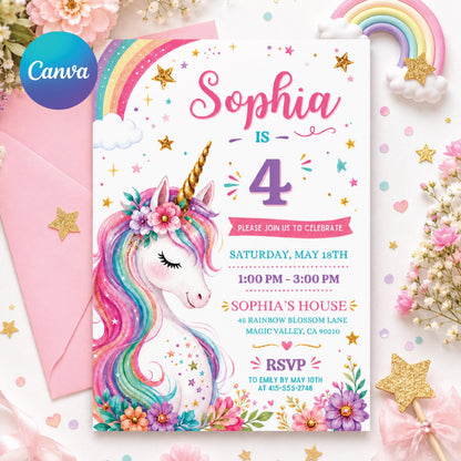 Floral Unicorn 4th Birthday Invitation with Gold Horn — editable Canva template