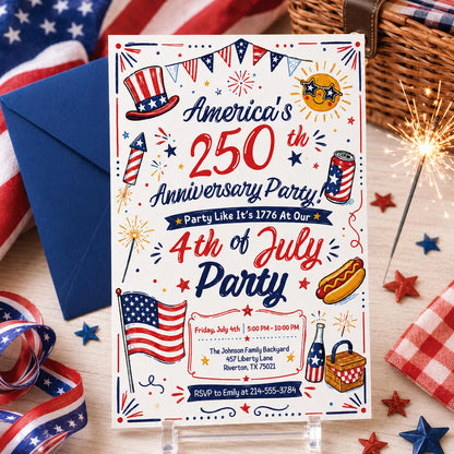 America 250 Fourth of July Doodle Invitation — invitation you personalize in Canva