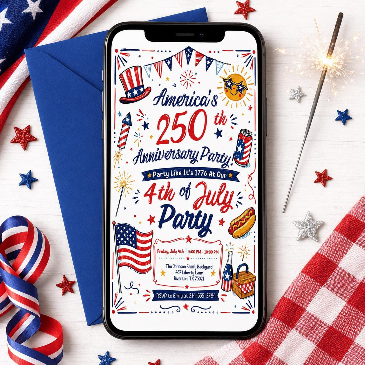 America 250 Fourth of July Doodle Invitation — picnic design