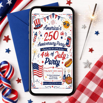 America 250 Fourth of July Doodle Invitation — picnic design
