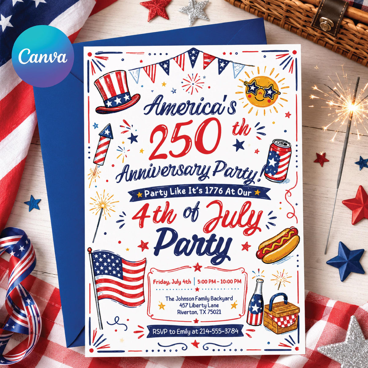 America 250 Fourth of July Doodle Invitation — editable Canva template