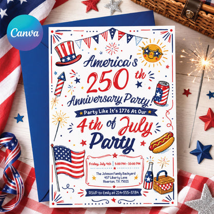 America 250 Fourth of July Doodle Invitation — editable Canva template