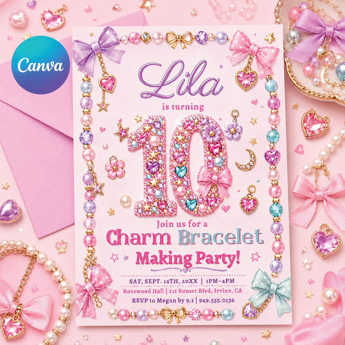 Charm Bracelet Making Party Invitation — editable Canva template