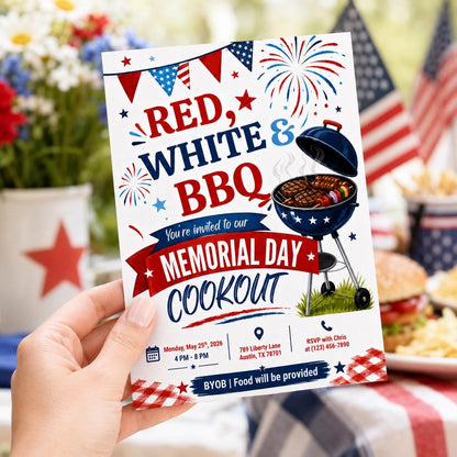 Red White and BBQ Memorial Day Cookout Invitation — patriotic artwork in blue