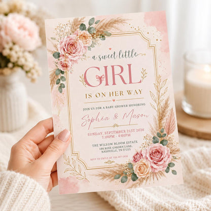 A Sweet Baby Girl is on Her Way Baby Shower Invitation Pink Floral Clothesline Invite Editable Baby Laundry Clothes Flower Dress Invite __etsy:8074204479
