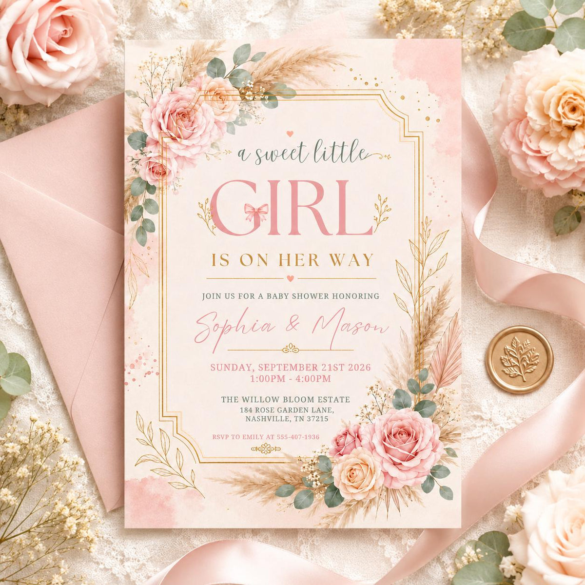 A Sweet Baby Girl is on Her Way Baby Shower Invitation — invitation you personalize in Canva