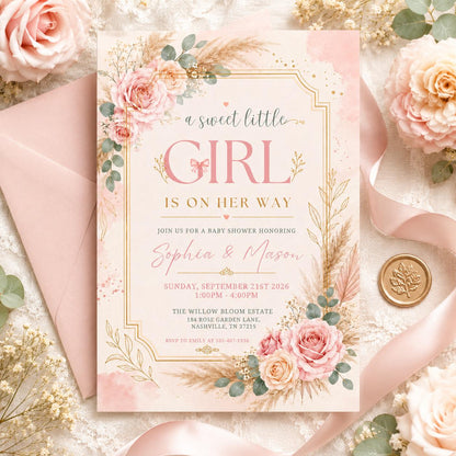 A Sweet Baby Girl is on Her Way Baby Shower Invitation — invitation you personalize in Canva