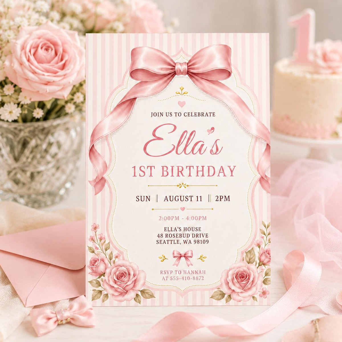 Pink Satin Bow First Birthday Invitation — print-ready first birthday design from VoltBy