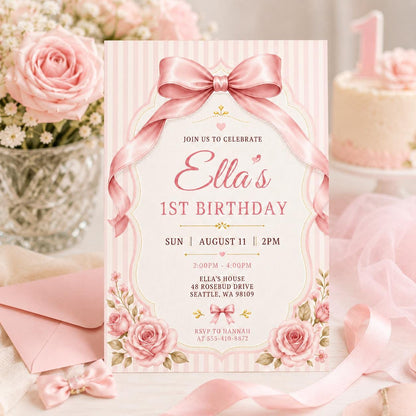 Pink Satin Bow First Birthday Invitation — print-ready first birthday design from VoltBy