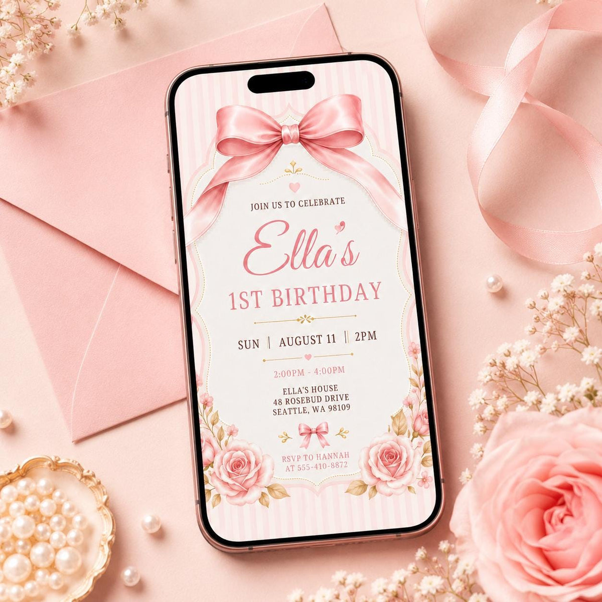 Pink Satin Bow First Birthday Invitation — invitation you personalize in Canva