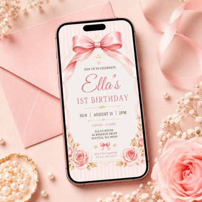 Pink Satin Bow First Birthday Invitation — invitation you personalize in Canva