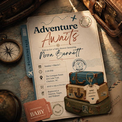 Adventure Awaits Travel Baby Shower Invitation — earth and passport design