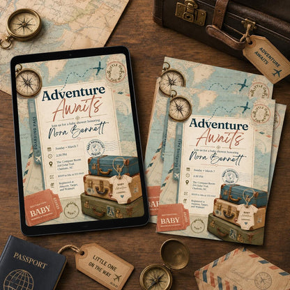 Adventure Awaits Travel Baby Shower Invitation — invitation you personalize in Canva