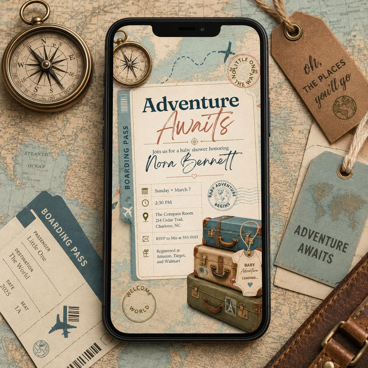 Adventure Awaits Travel Baby Shower Invitation — vintage baby shower design