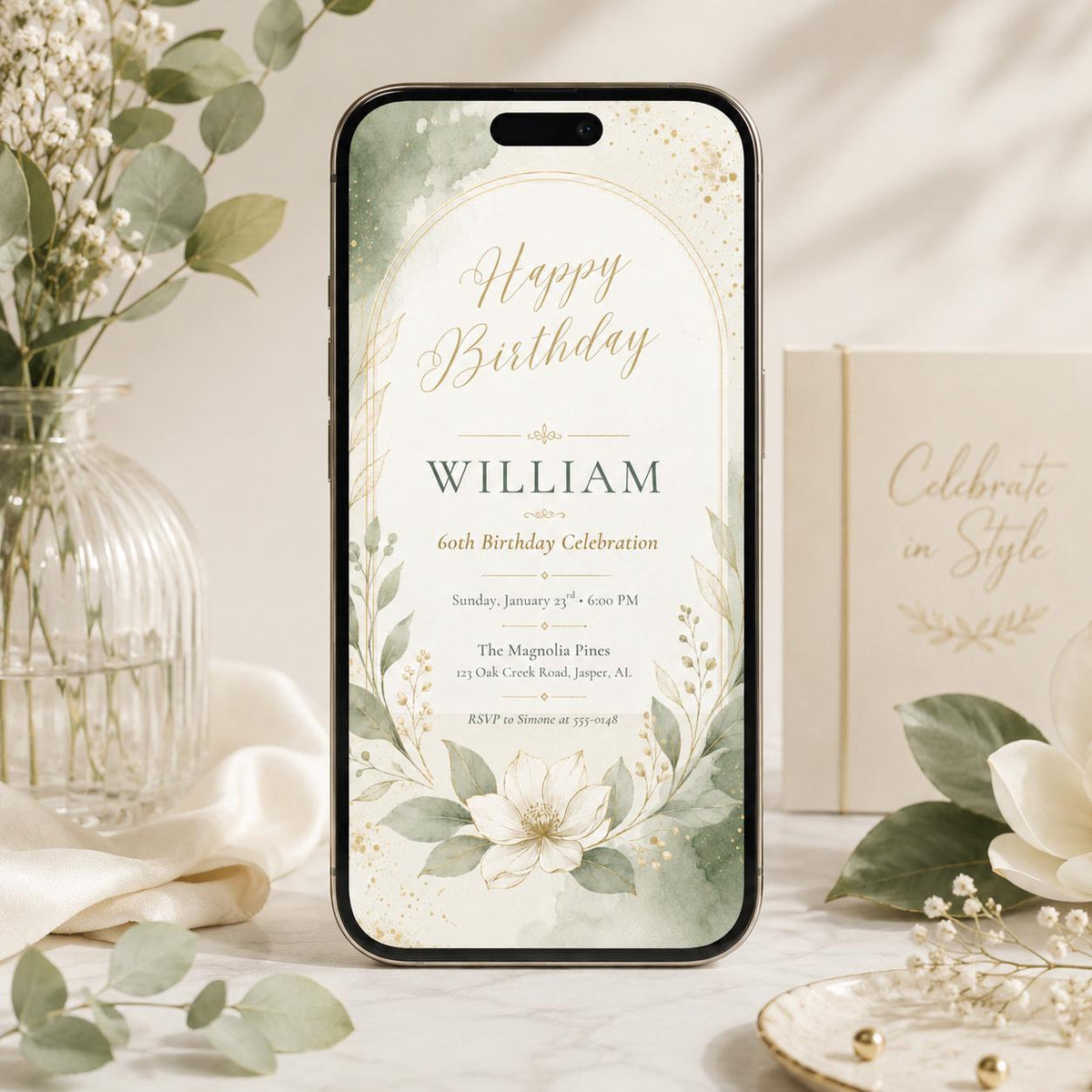 Sage Magnolia 60th Birthday Invitation — watercolor 60th birthday party design