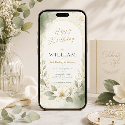 Sage Magnolia 60th Birthday Invitation — watercolor 60th birthday party design