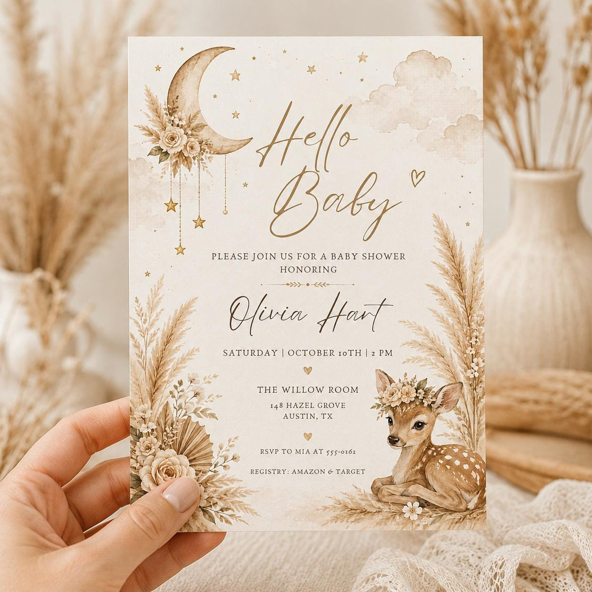 Blush Pink Elegant Boho Girl Clothesline Baby Shower Invitation — invitation you personalize in Canva