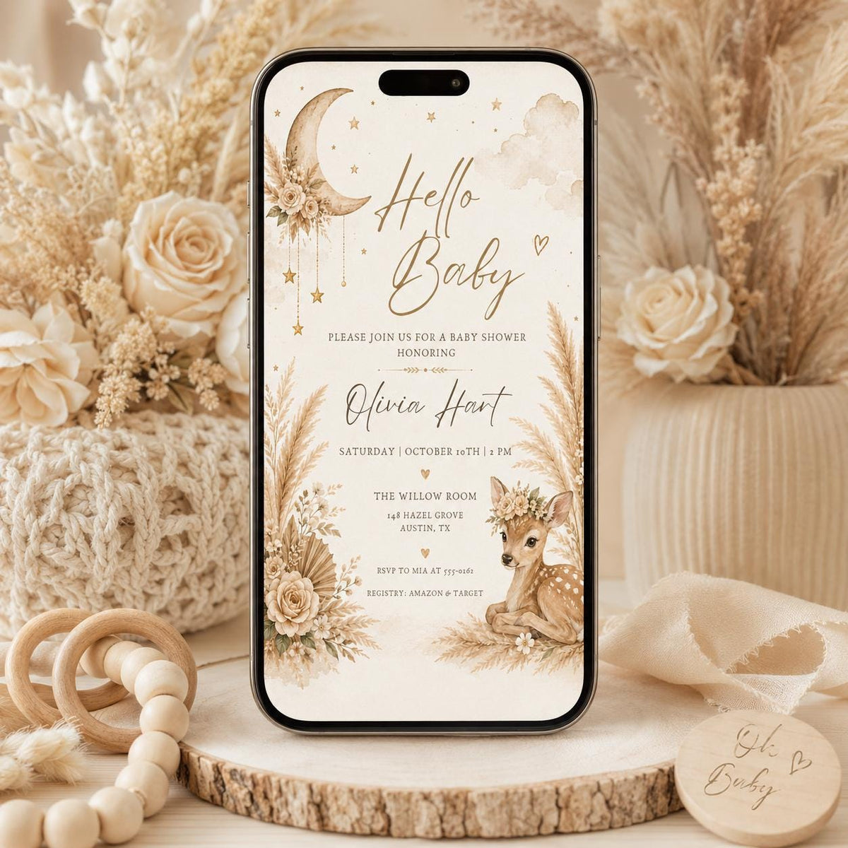 Blush Pink Elegant Boho Girl Clothesline Baby Shower Invitation — print-ready baby shower design from VoltBy