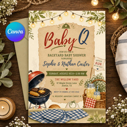Red Gingham Baby-Q Baby Shower Invitation — editable Canva template