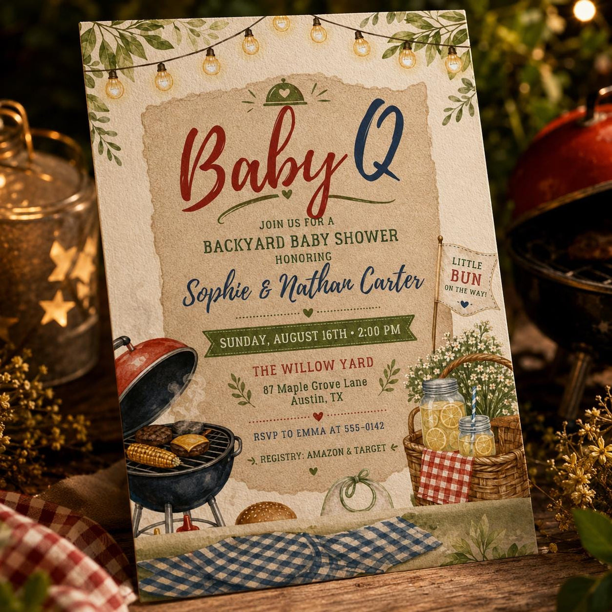 Red Gingham Baby-Q Baby Shower Invitation — invitation you personalize in Canva