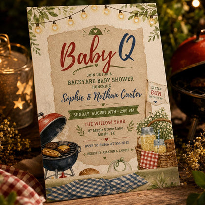 Red Gingham Baby-Q Baby Shower Invitation — invitation you personalize in Canva