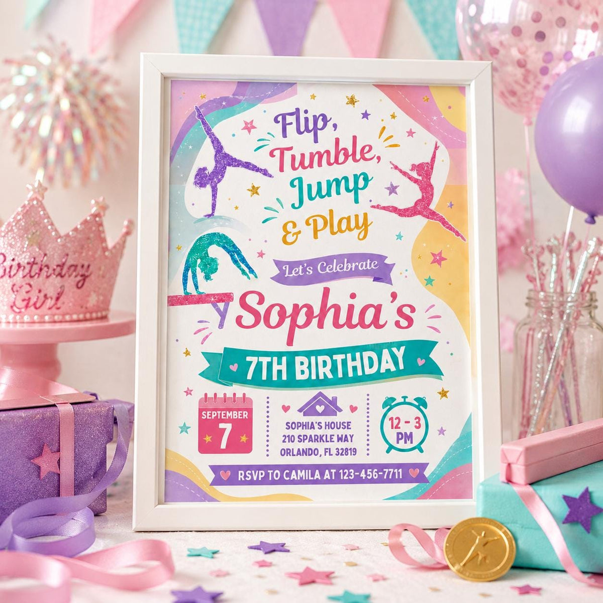Flip Tumble Jump and Play Gymnastics 7th Birthday Invitation — print-ready 7th birthday party design from VoltBy