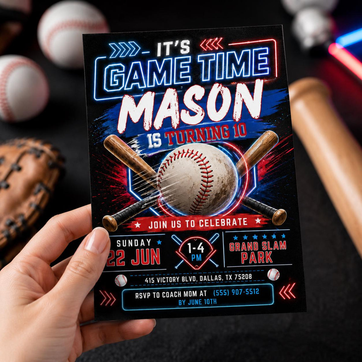 Neon Baseball 10th Birthday Invitation with Crossed Bats — bat design