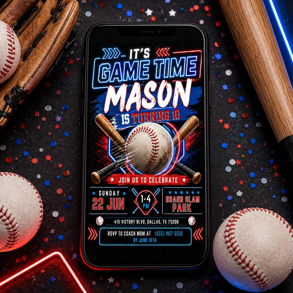 Neon Baseball 10th Birthday Invitation with Crossed Bats — invitation you personalize in Canva