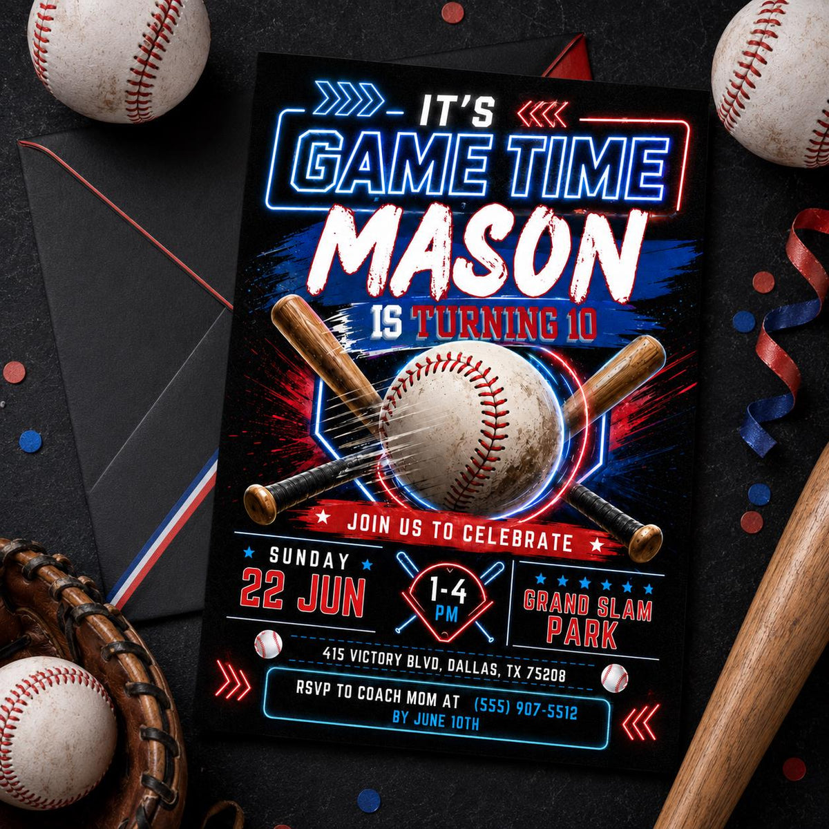 Neon Baseball 10th Birthday Invitation with Crossed Bats — bat artwork in black and blue